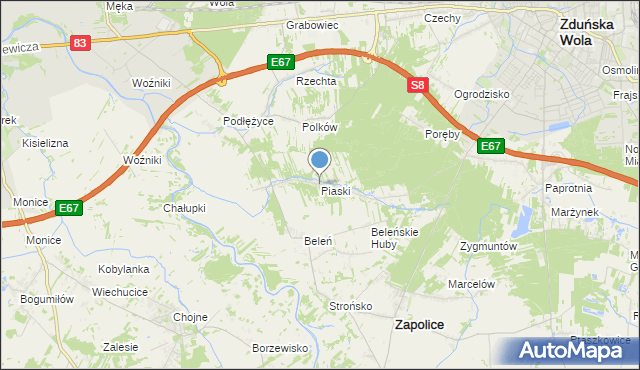 mapa Piaski, Piaski gmina Zduńska Wola na mapie Targeo